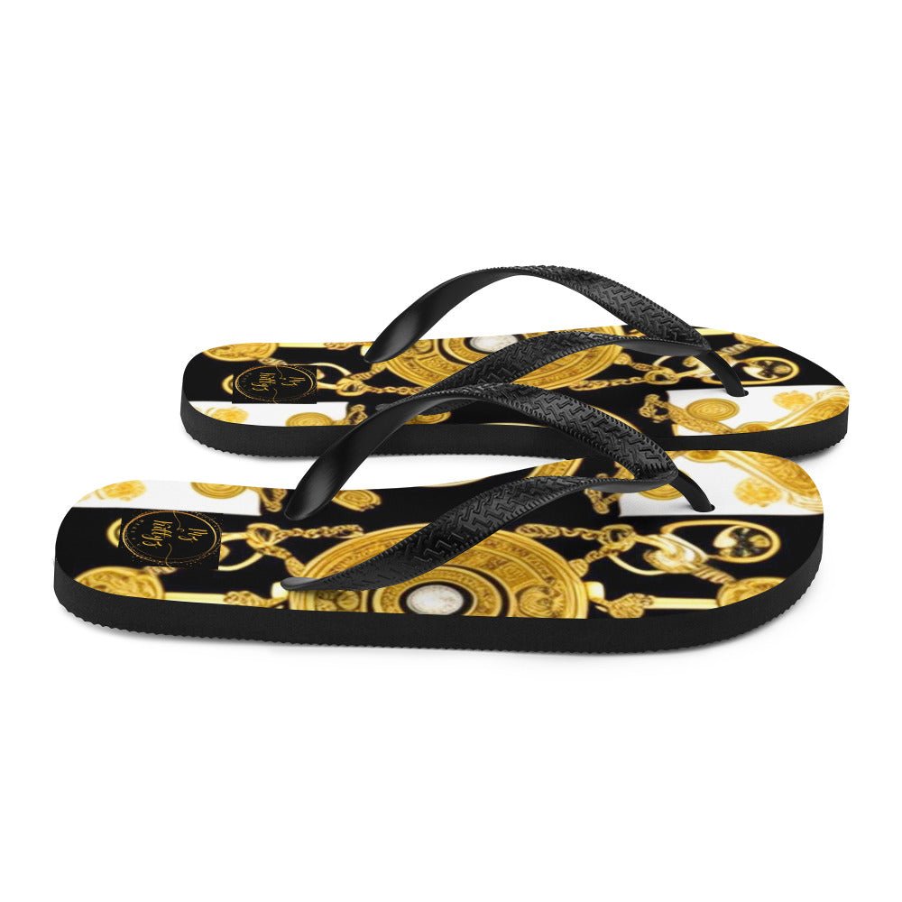 Front Baroque Gold & Black Coin Signature Design - Unisex Flip-Flops Flip Flops #MzKittyz #NikkiDKatArt