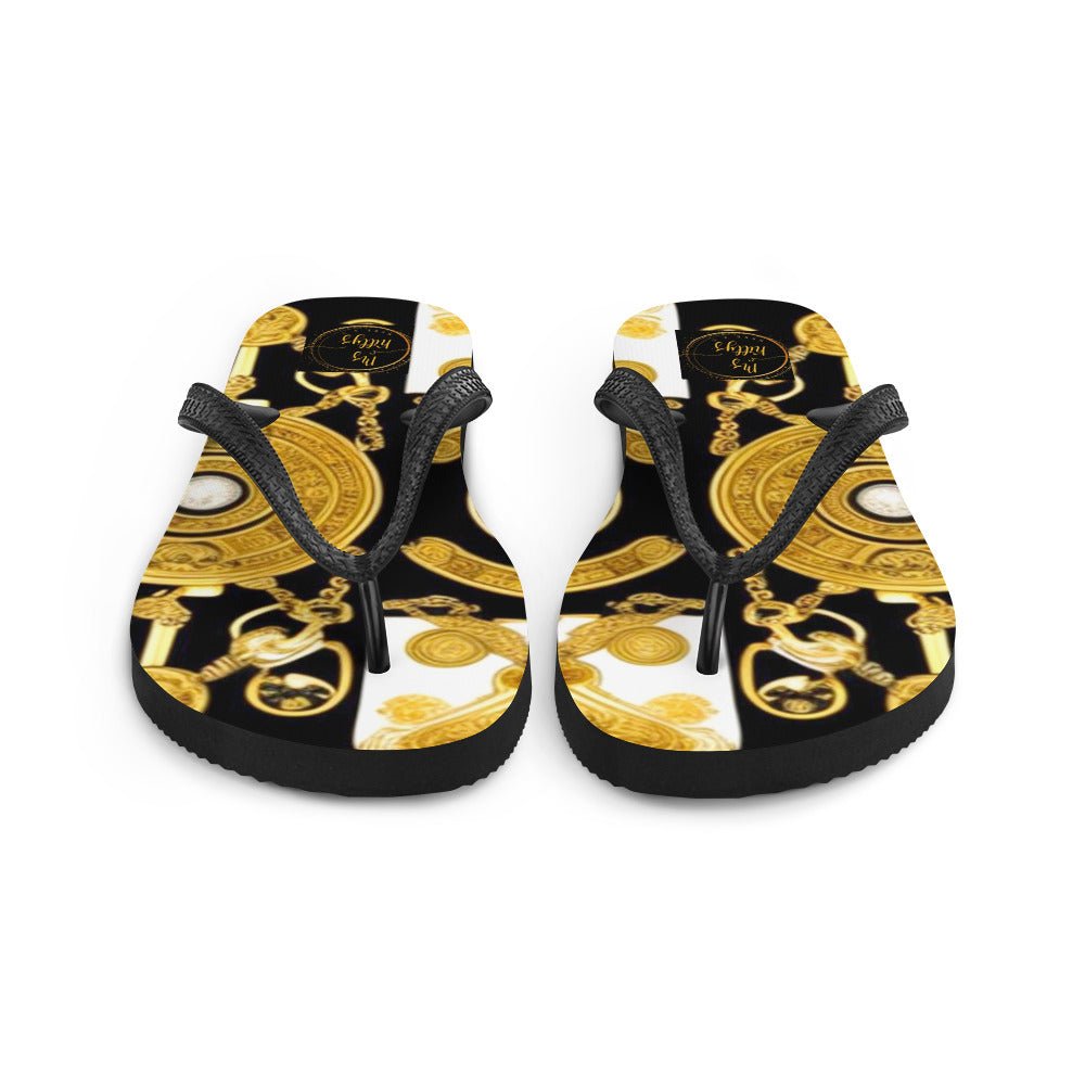 Front Baroque Gold & Black Coin Signature Design - Unisex Flip-Flops Flip Flops #MzKittyz #NikkiDKatArt