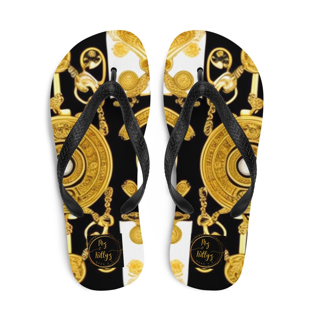 Front Baroque Gold & Black Coin Signature Design - Unisex Flip-Flops Flip Flops #MzKittyz #NikkiDKatArt