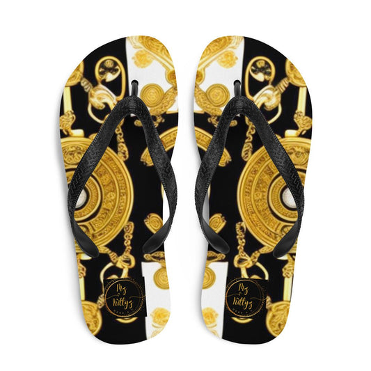 Front Baroque Gold & Black Coin Signature Design - Unisex Flip-Flops Flip Flops #MzKittyz #NikkiDKatArt