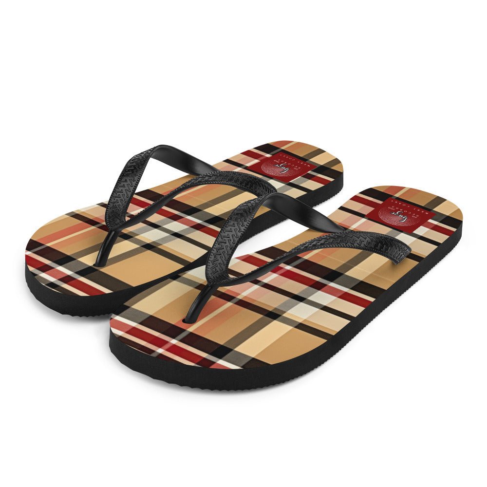 Front Beige Signature Plaid Design - Unisex Flip-Flops Flip Flops #MzKittyz #NikkiDKatArt