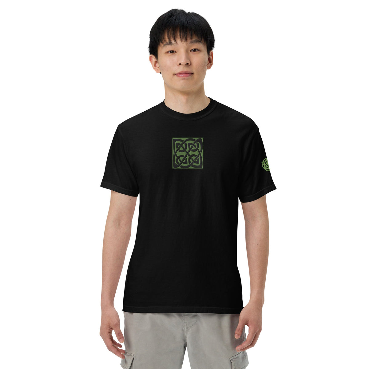 Front Celtic Knot Designs Embroidered- Unisex, garment-dyed Heavyweight T-shirt #MzKittyz #NikkiDKatArt