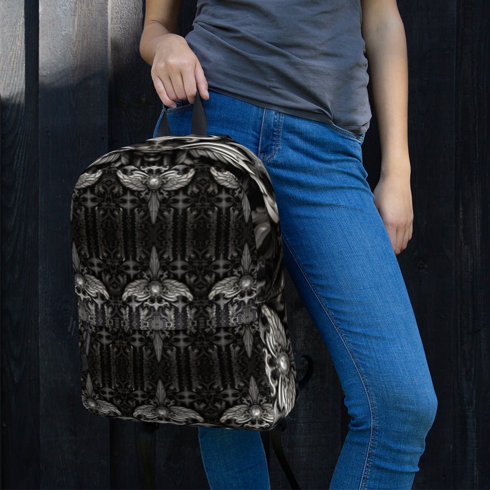 Front Chrome Cross & Angel Wingz Medium Backpack w/Pockets #MzKittyz #NikkiDKatArt