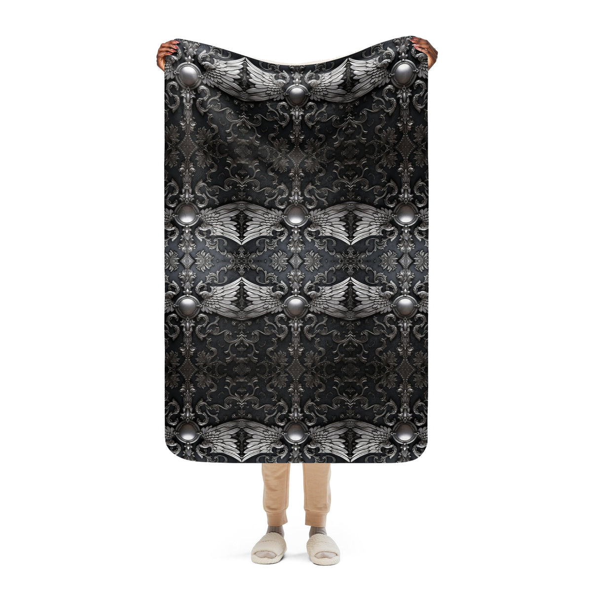 Front Chrome Cross w/Wings- Sherpa Throw Blanket 37" x 57" #MzKittyz #NikkiDKatArt