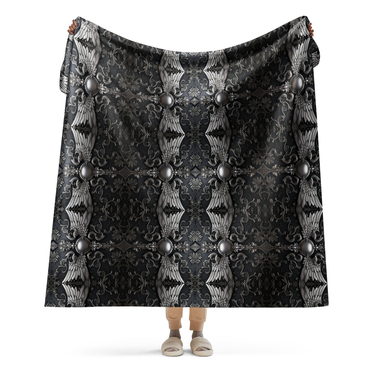 Front Chrome Crosses & Wings Sherpa Blanket 60" x 70" #MzKittyz #NikkiDKatArt