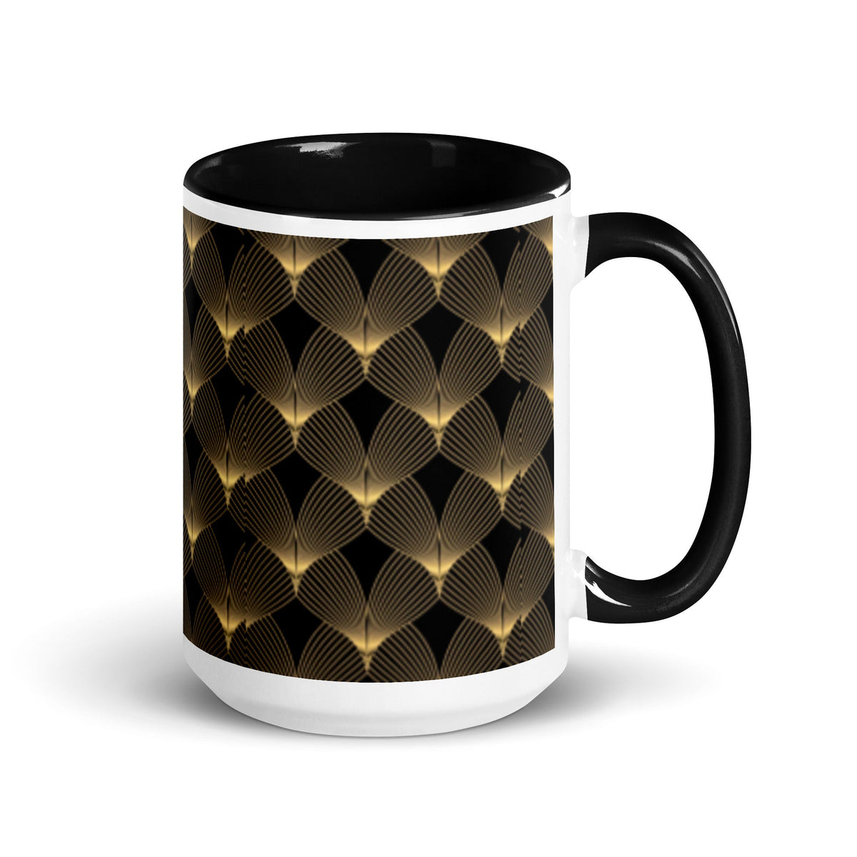 Front Deco Art Fan Design - Mug with Black Inside & on Handle - 15 oz Ceramic 15 oz #MzKittyz #NikkiDKatArt