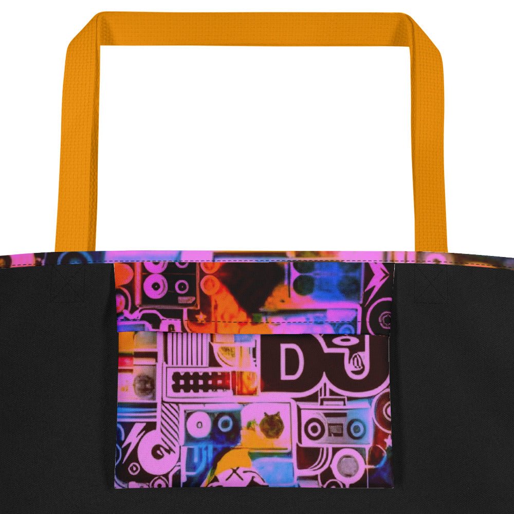 Inside Pocket Dj Love Design All-Over Print- Large Tote Bag - Black or Yellow Cotton Handles Beach Bag - 44 lbs #MzKittyz