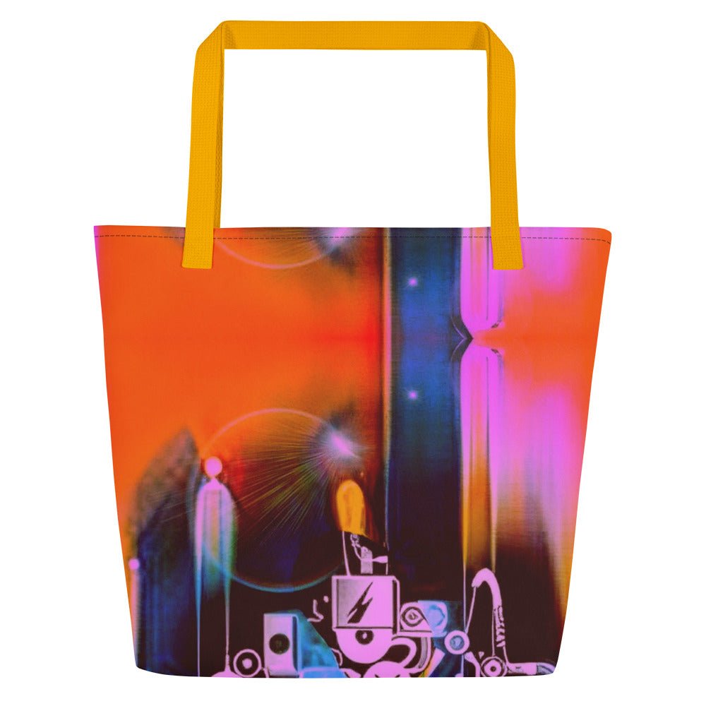 Back Dj Love Design All-Over Print- Large Tote Bag - Black or Yellow Cotton Handles Beach Bag  #MzKittyz #NikkiDKatArt