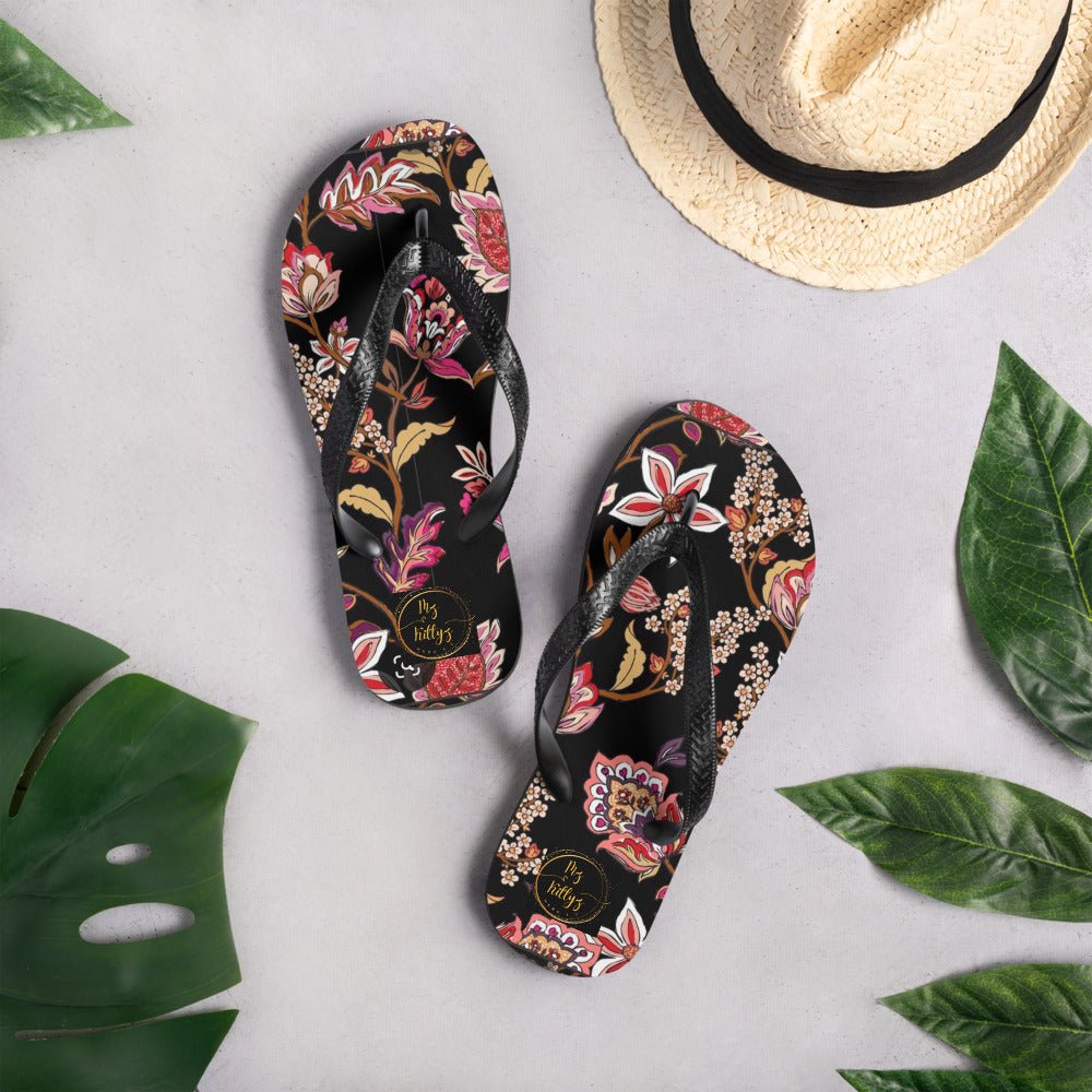 Front Flower Tapestry Signature Design - Unisex Flip-Flops Flip Flops #MzKittyz #NikkiDKatArt