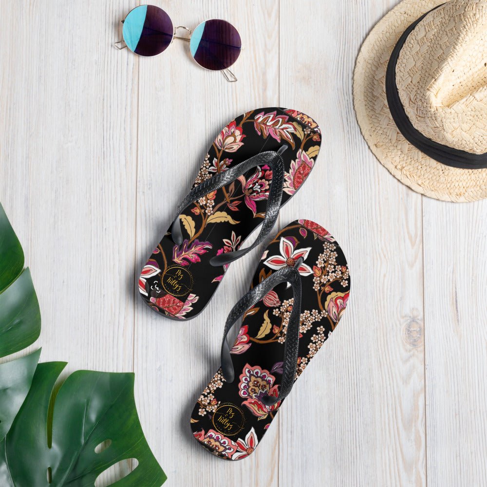Front Flower Tapestry Signature Design - Unisex Flip-Flops Flip Flops #MzKittyz #NikkiDKatArt
