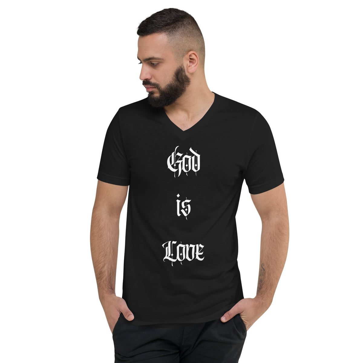 Front God Is Love, Love Is God, Black, Unisex Short Sleeve V-Neck T-Shirt, Up to 2XL #MzKittyz #NikkiDKatArt