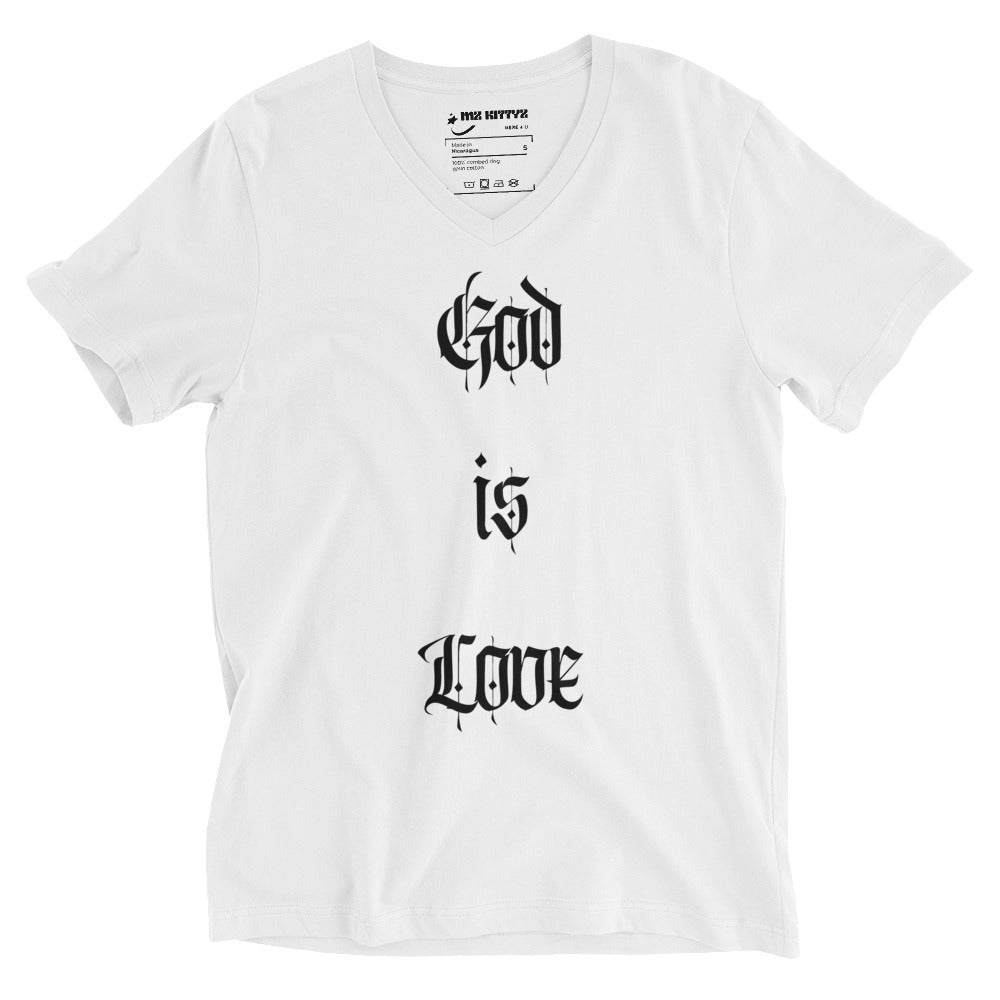 Front, 'GOD IS LOVE" God Is Love, Love Is God, White, Unisex Short Sleeve V-Neck T-Shirt #MzKittyz #NikkiDKatArt