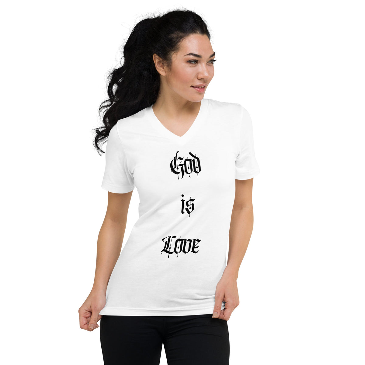 Front, Girl, 'GOD IS LOVE" God Is Love, Love Is God, White, Unisex Short Sleeve V-Neck T-Shirt #MzKittyz #NikkiDKatArt
