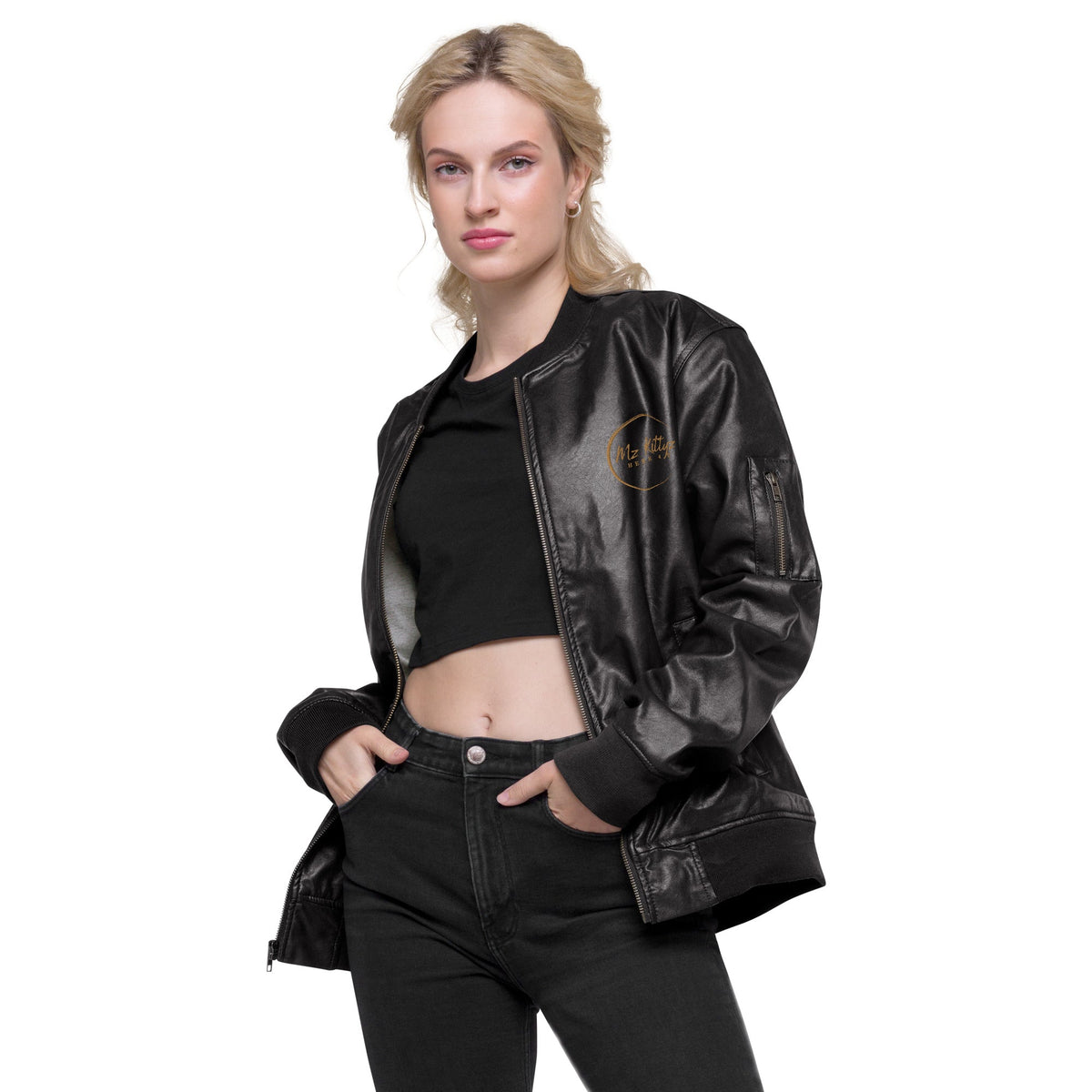 Front Kross Kolours Cross - Mz Kittyz Koz Limited Edition, Unisex, Leather Bomber Jacket - Eco Friendly #MzKittyz #NikkiDKatArt