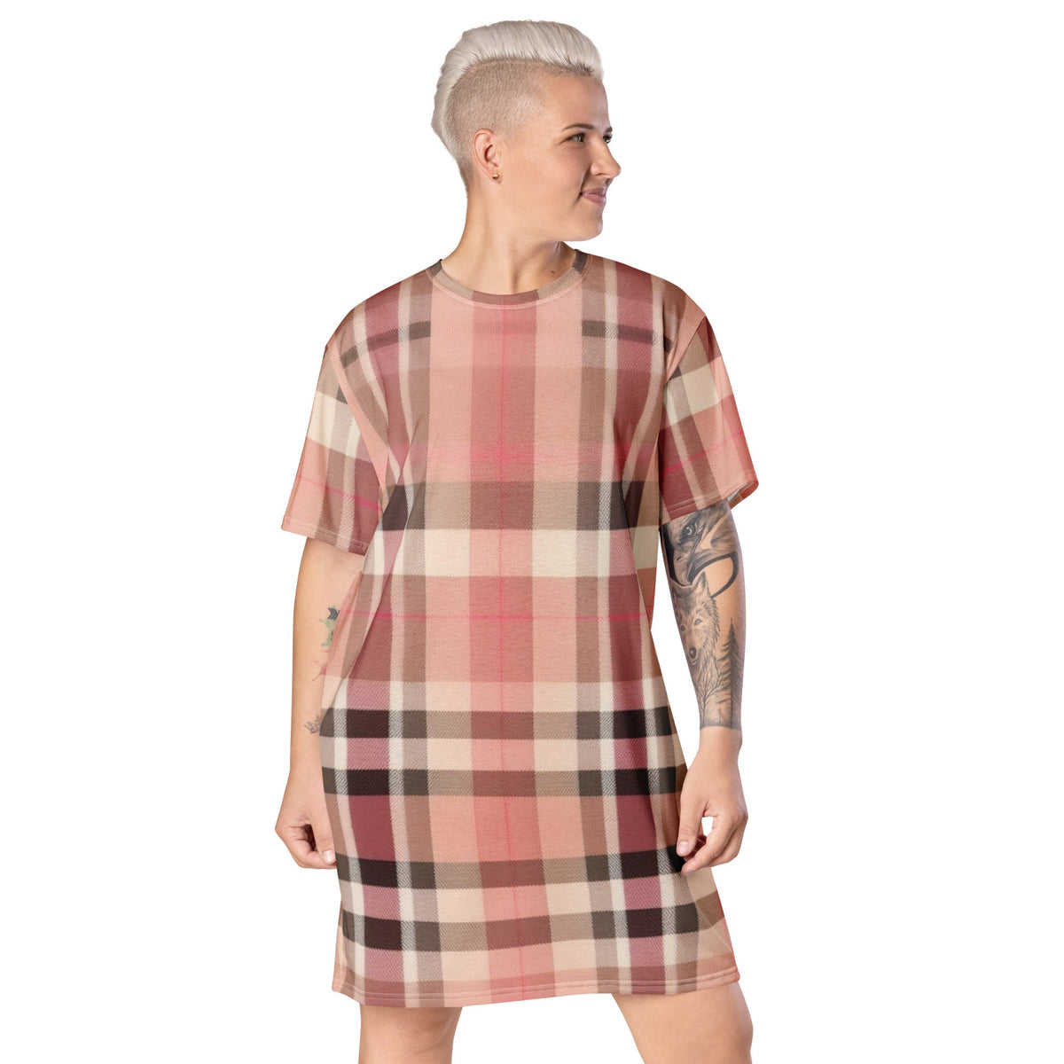 Front Lt. Pink Plaid - Oversized, Stretchy, T-shirt Dress - 2XS-6XL T-shirt #MzKittyz #NikkiDKatArt