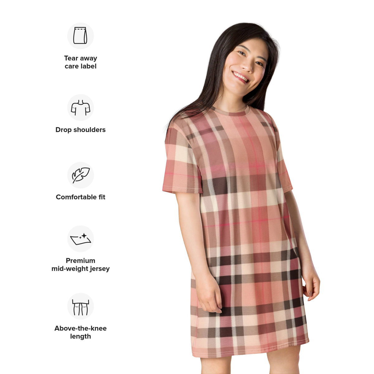 Front Lt. Pink Plaid - Oversized, Stretchy, T-shirt Dress - 2XS-6XL T-shirt #MzKittyz #NikkiDKatArt