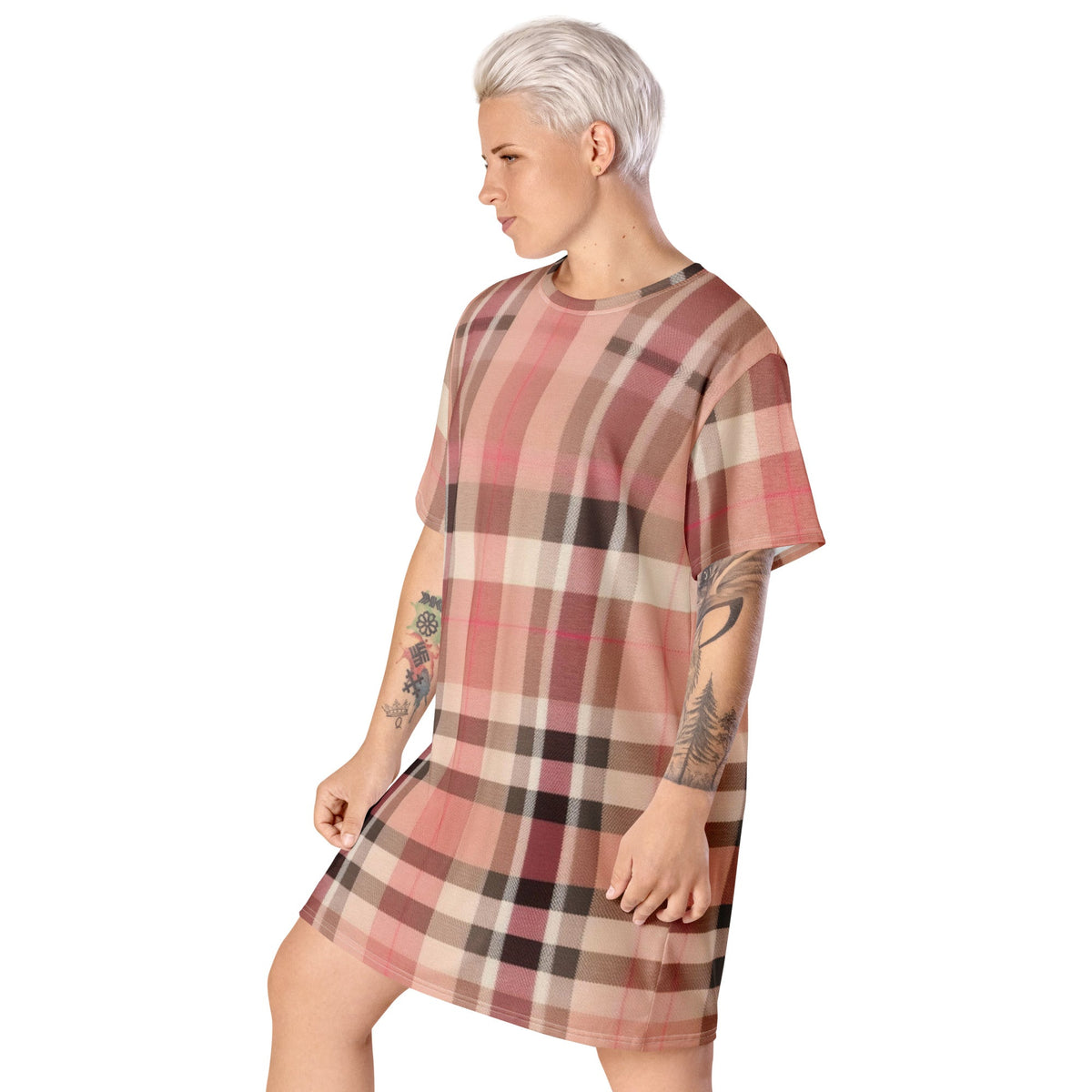 Front Lt. Pink Plaid - Oversized, Stretchy, T-shirt Dress - 2XS-6XL T-shirt #MzKittyz #NikkiDKatArt