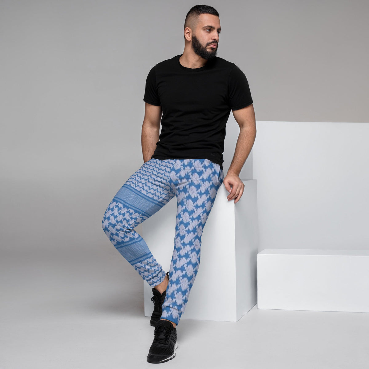 Front Left side Men's Joggers with Keffiyeh Signature Design- Plus Sizes up to 3XL #MzKittyz #NikkiDKatArt
