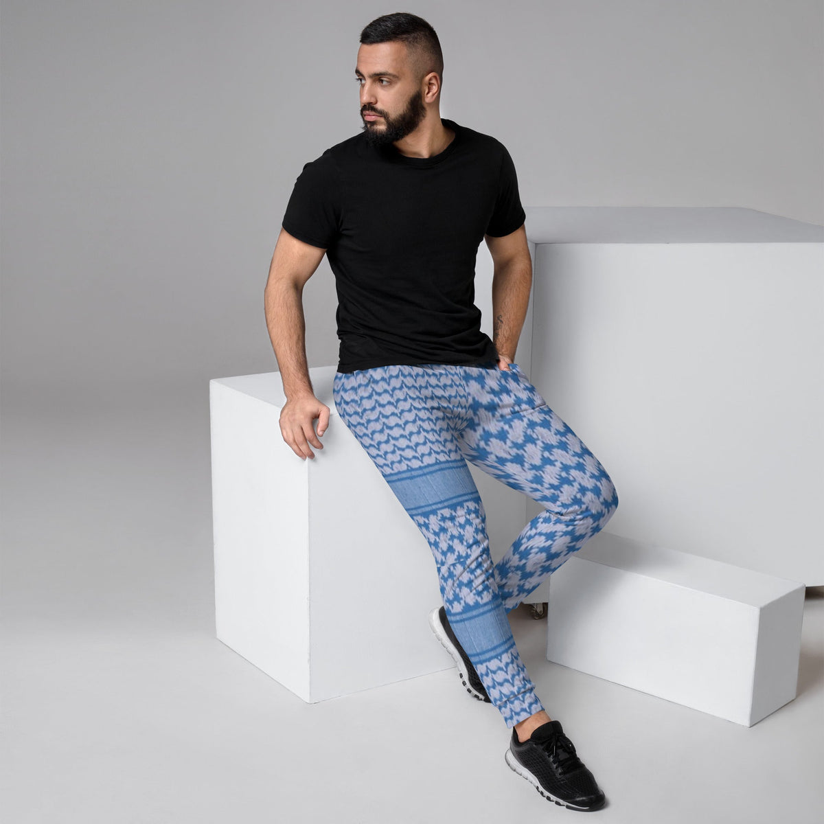 Front Right Side Men's Joggers with Keffiyeh Signature Design- Plus Sizes up to 3XL #MzKittyz #NikkiDKatArt