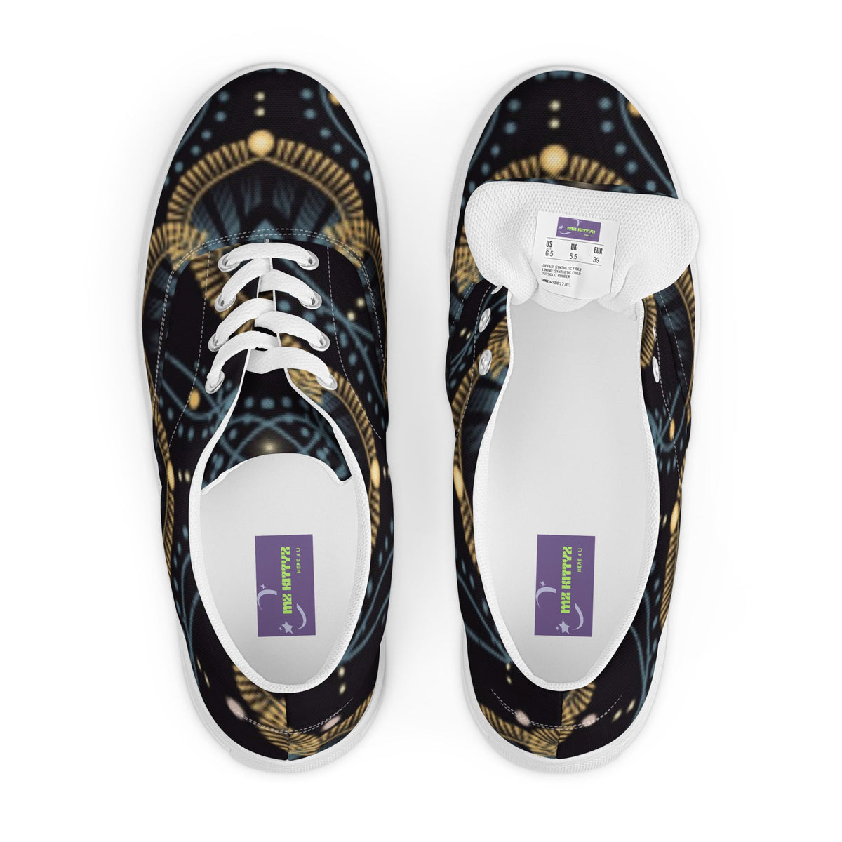 Front Mz Kittyz Starr Tapestry Design - Women’s lace-up Canvas Shoes - Sneakers #MzKittyz #NikkiDKatArt