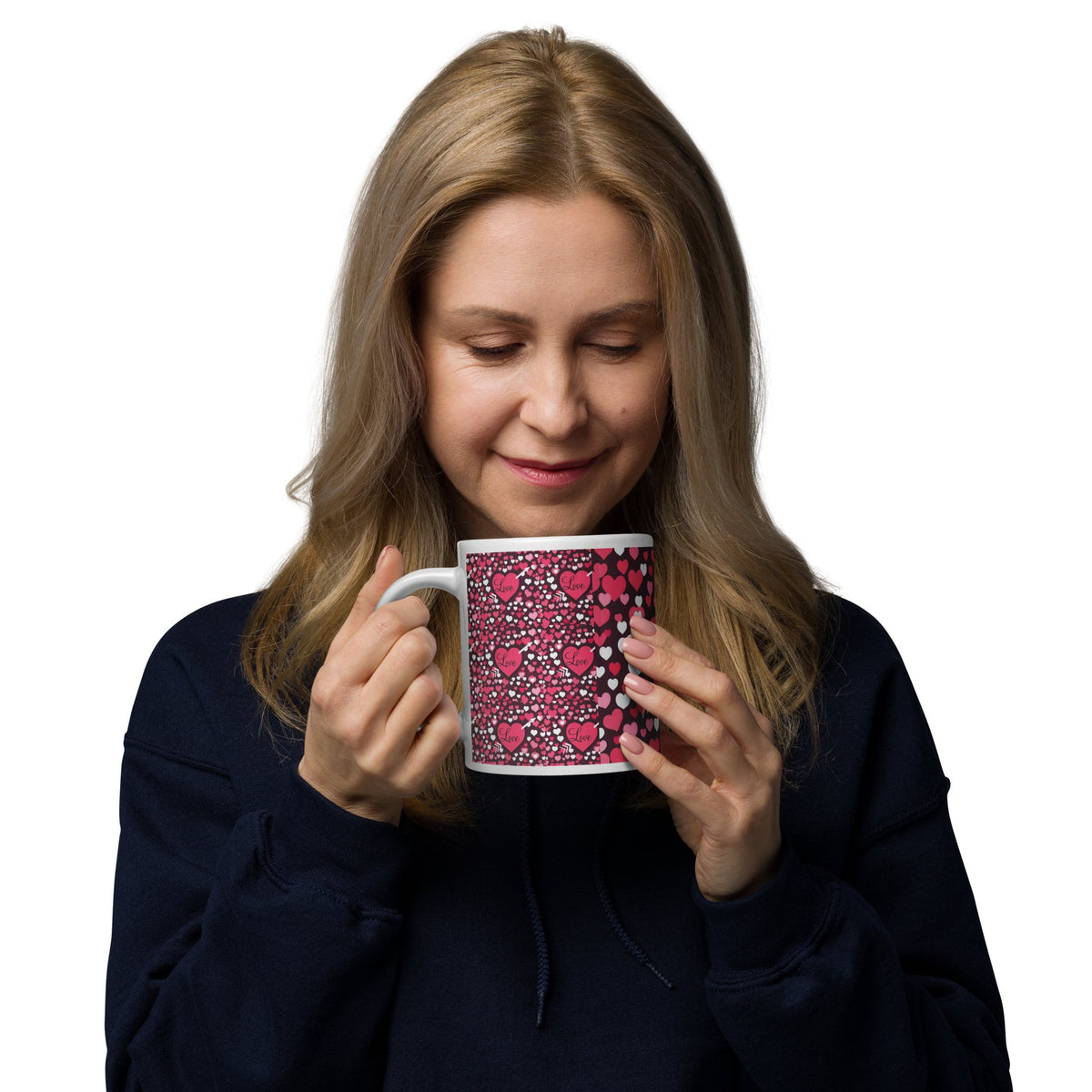 Front Mz Kittyz Valentine's Day "Love" Design - White glossy mug- 11 oz, 15 oz, 20 oz | Dishwasher & Microwave Safe #MzKittyz #NikkiDKatArt