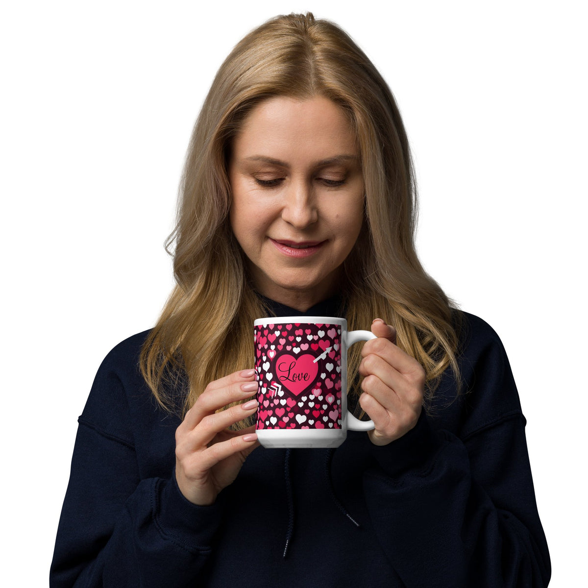 Front Mz Kittyz Valentine's Day "Love" Design - White glossy mug- 11 oz, 15 oz, 20 oz | Dishwasher & Microwave Safe #MzKittyz #NikkiDKatArt