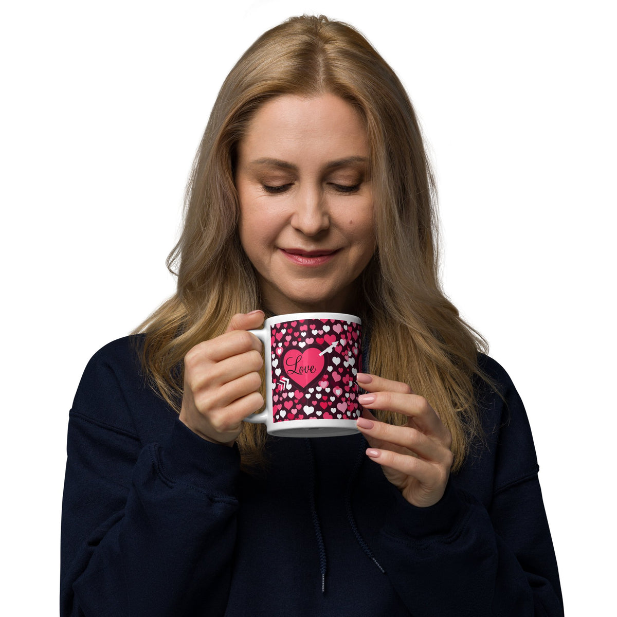 Front Mz Kittyz Valentine's Day "Love" Design - White glossy mug- 11 oz, 15 oz, 20 oz | Dishwasher & Microwave Safe #MzKittyz #NikkiDKatArt