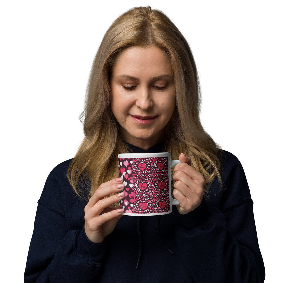 Front Mz Kittyz Valentine's Day "Love" Design - White glossy mug- 11 oz, 15 oz, 20 oz | Dishwasher & Microwave Safe #MzKittyz #NikkiDKatArt