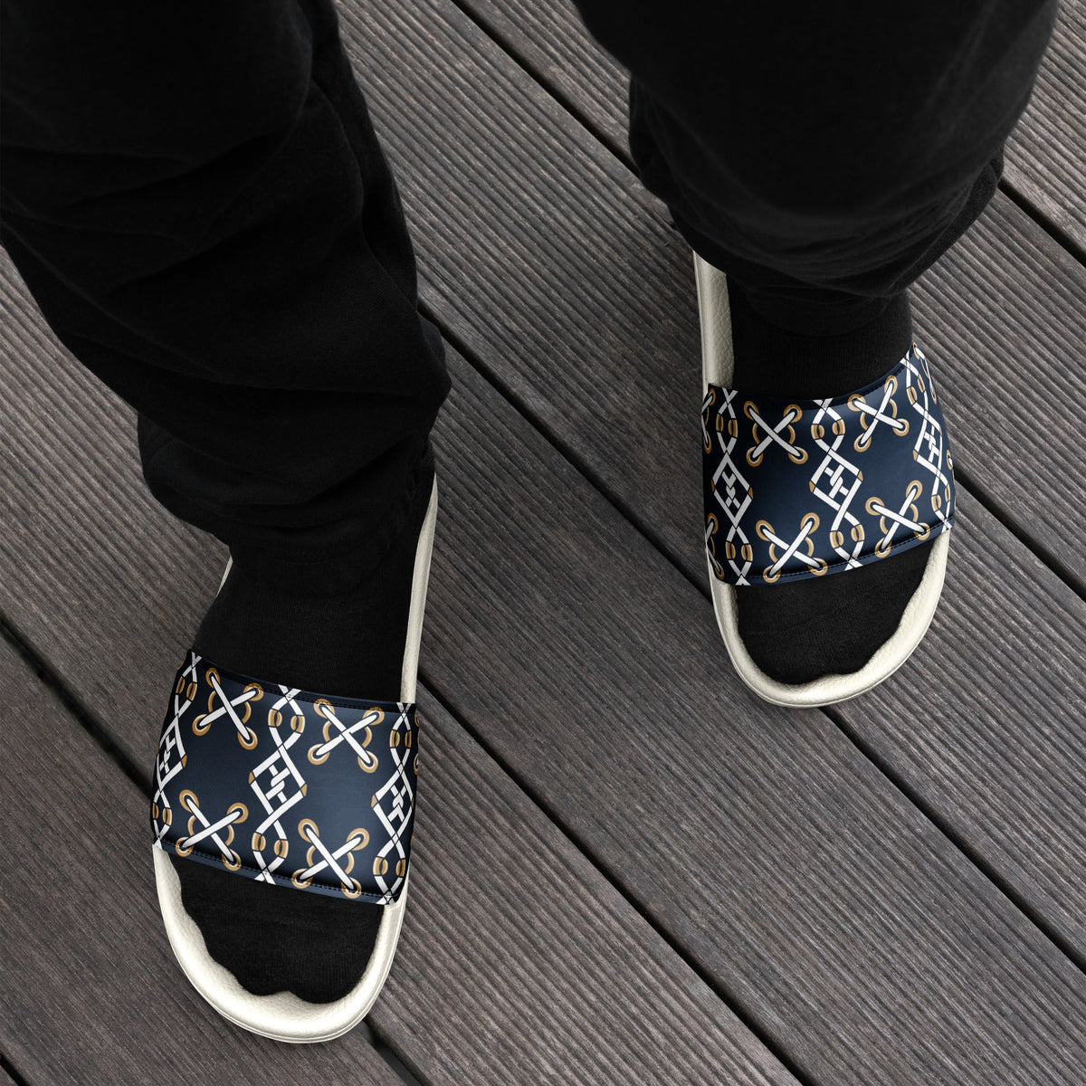 Front Navy Criss Cross Design - Men’s slides- White soles - Slippers - Shower Shoes #MzKittyz #NikkiDKatArt