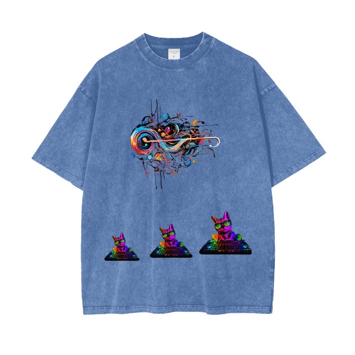 Front Rain Music Dj Kittyz - Streetwear Unisex Oversized Snow Wash T-Shirt | Up to 2XL - 7 colors - Front & Back Print #MzKittyz #NikkiDKatArt