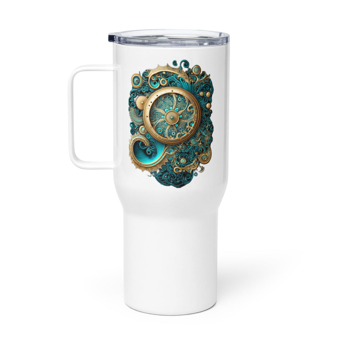 Front Steam Pop Bank Safe Design - Stainless Steel - Travel Mug with a Handle - 25oz. #MzKittyz #NikkiDKatArt