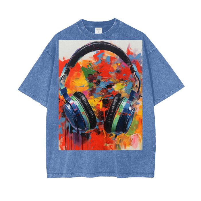 Front Dj Headphones Streetwear Unisex Oversized Snow Wash T-Shirt #MzKittyz #NikkiDKatArt