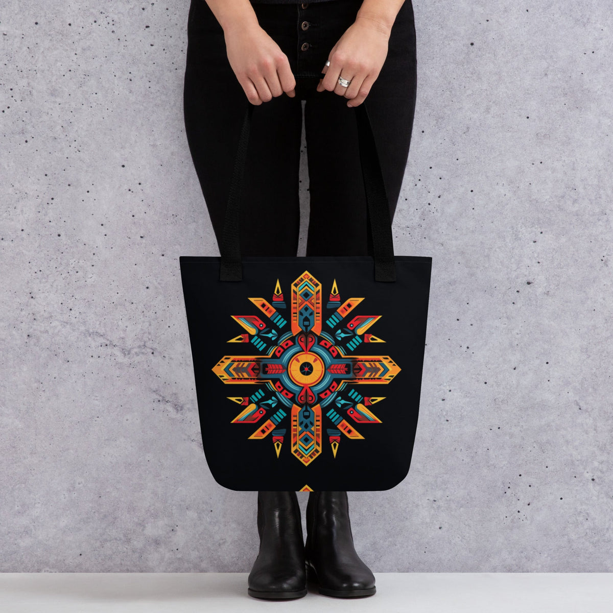 Front Tribal Cross Fire Tote Bag - All Over Print Tote Bag #MzKittyz #NikkiDKatArt