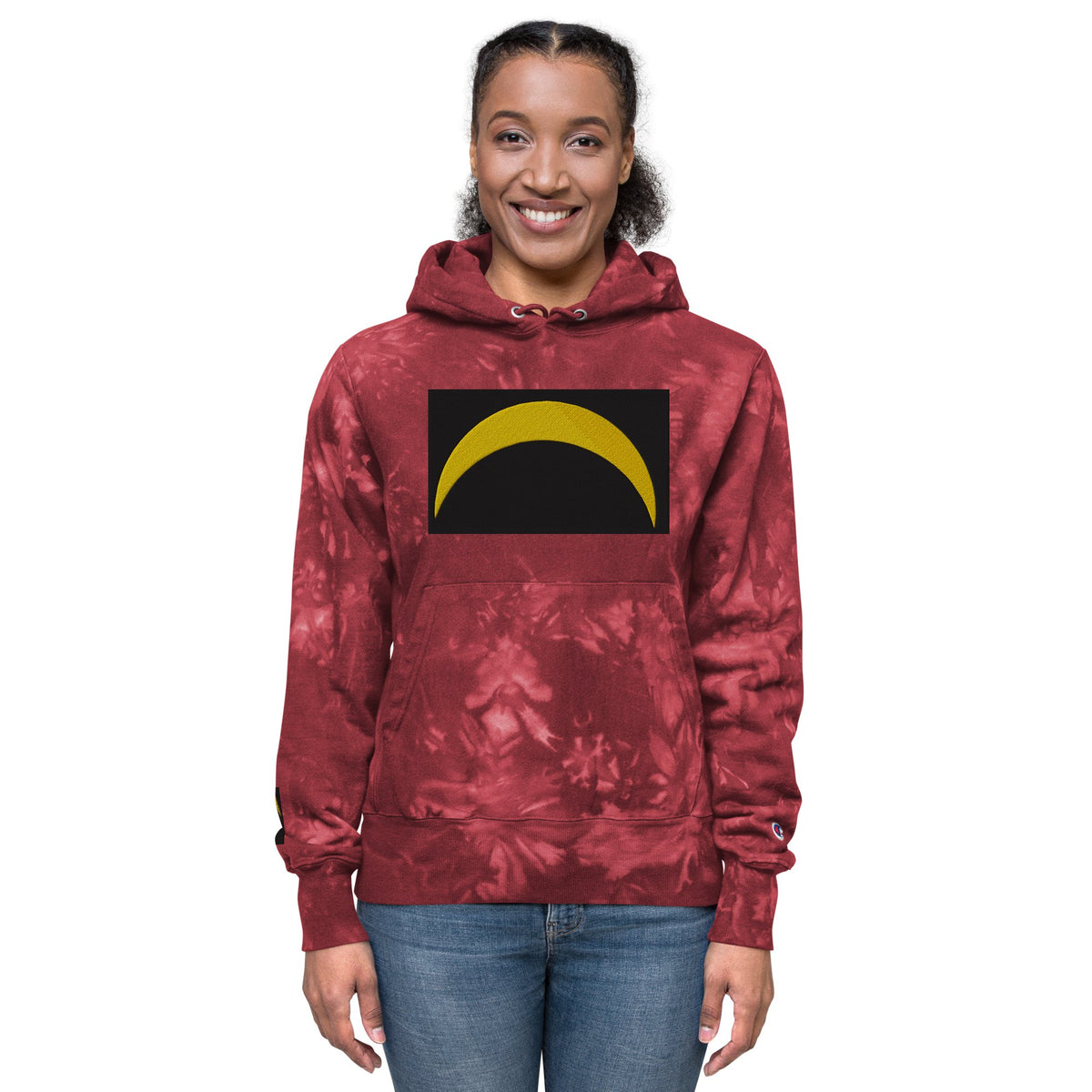 Front Unisex Champion Tie-Dye hoodie with Embroidered Solar Eclipse Sizes up to 2XL Hoodie #MzKittyz #NikkiDKatArt
