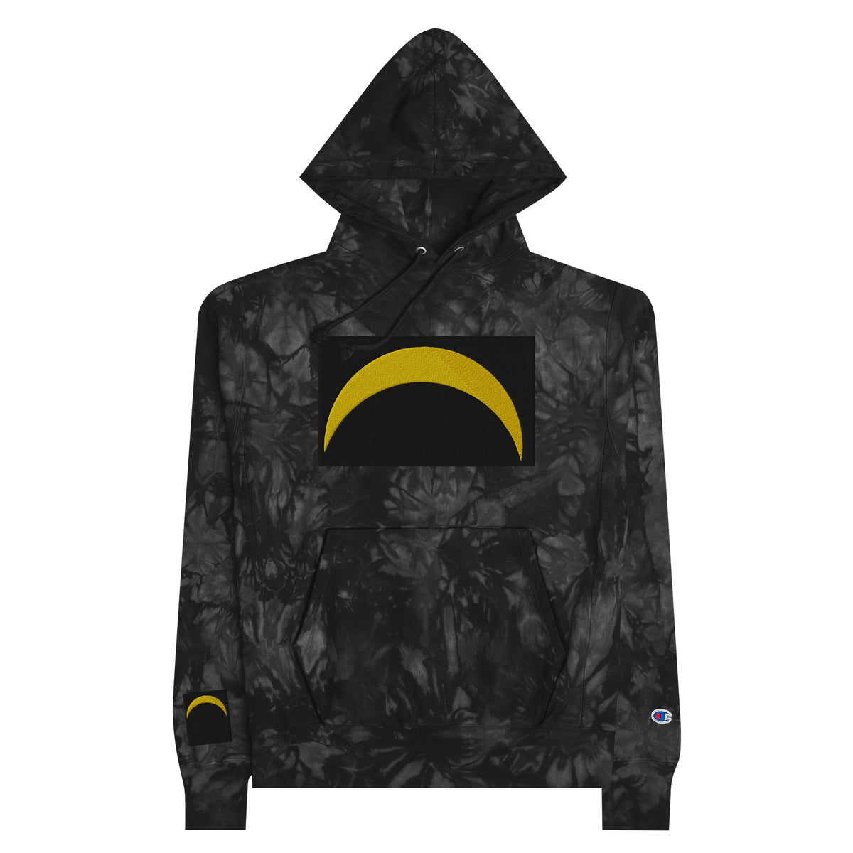 Front Unisex Champion Tie-Dye hoodie with Embroidered Solar Eclipse Sizes up to 2XL Hoodie #MzKittyz #NikkiDKatArt