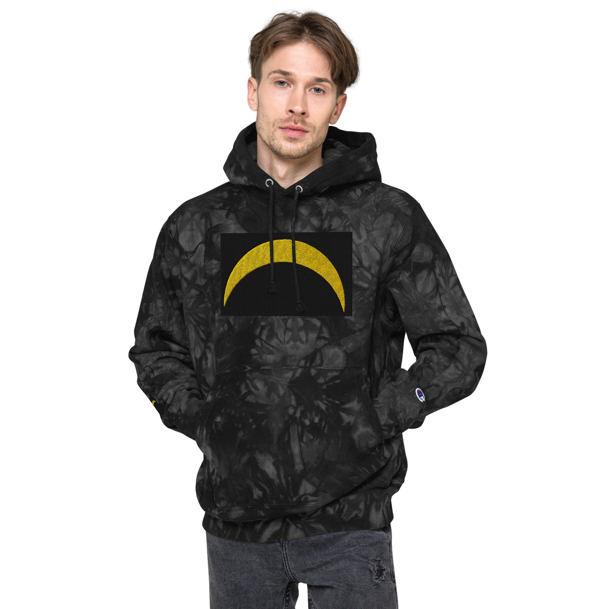 Front Unisex Champion Tie-Dye hoodie with Embroidered Solar Eclipse Sizes up to 2XL Hoodie #MzKittyz #NikkiDKatArt