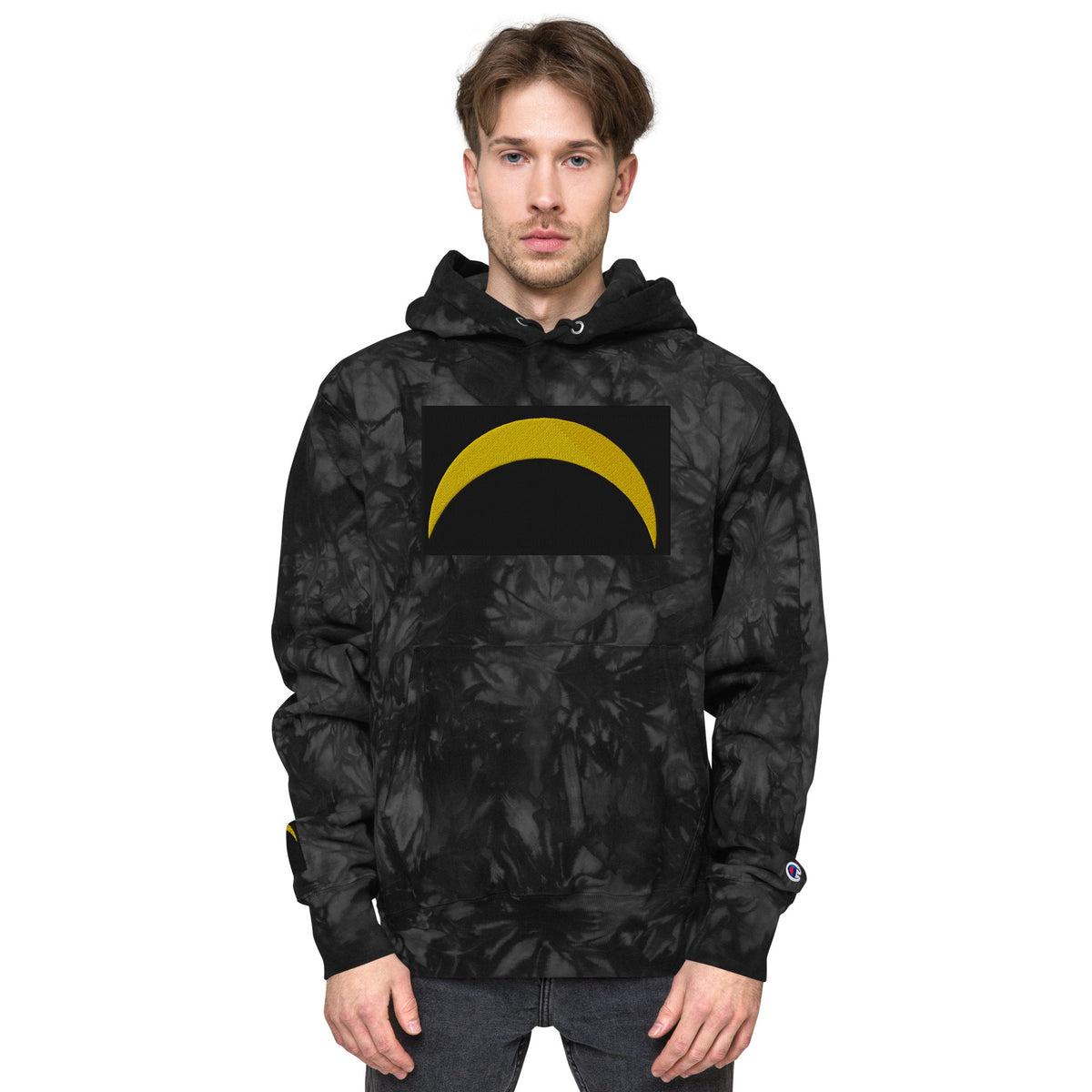 Front Unisex Champion Tie-Dye hoodie with Embroidered Solar Eclipse Sizes up to 2XL Hoodie #MzKittyz #NikkiDKatArt