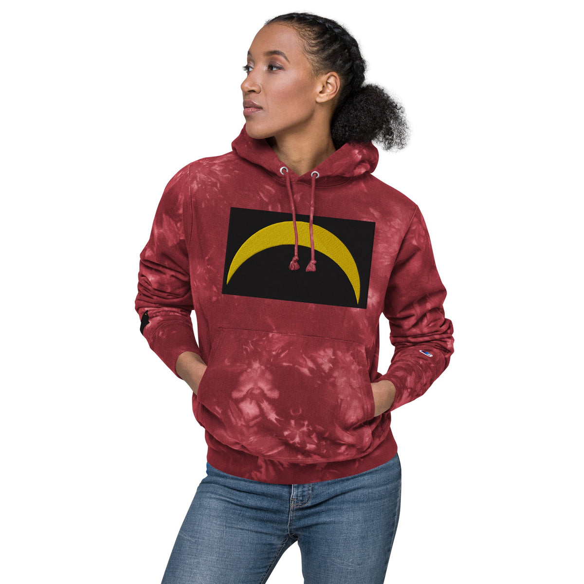Front Unisex Champion Tie-Dye hoodie with Embroidered Solar Eclipse Sizes up to 2XL Hoodie #MzKittyz #NikkiDKatArt