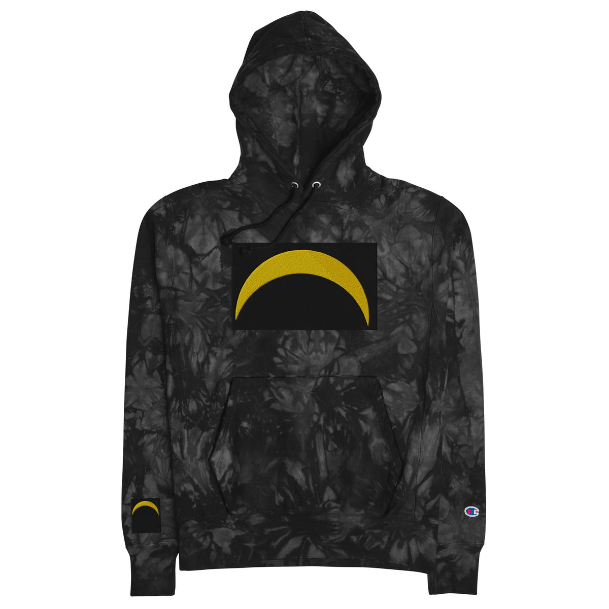 Front Unisex Champion tie-dye hoodie with Embroidered Solar Eclipse Sizes up to 2XL #MzKittyz #NikkiDKatArt