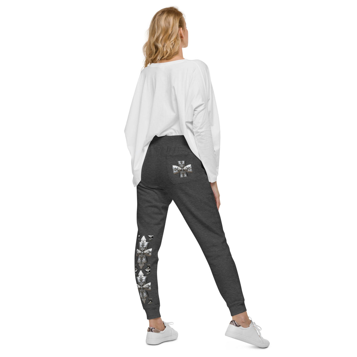 Front Unisex Chrome Crosses Fleece Sweatpants #MzKittyz #NikkiDKatArt