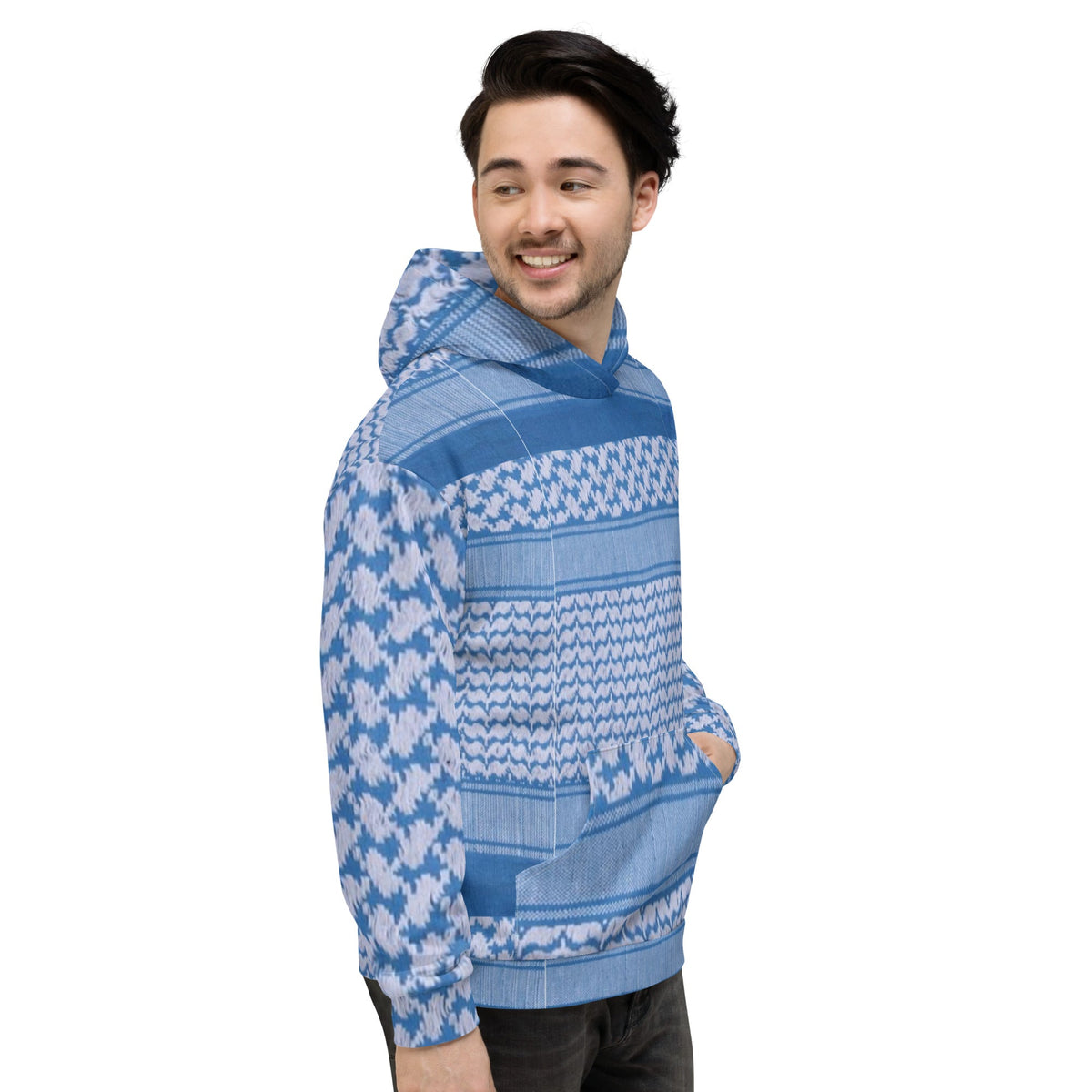 R Side -Unisex Hoodie - Keffyeh Signature Print - Blue & White Sizes up to 3XL #MzKittyz #NikkiDKatArt