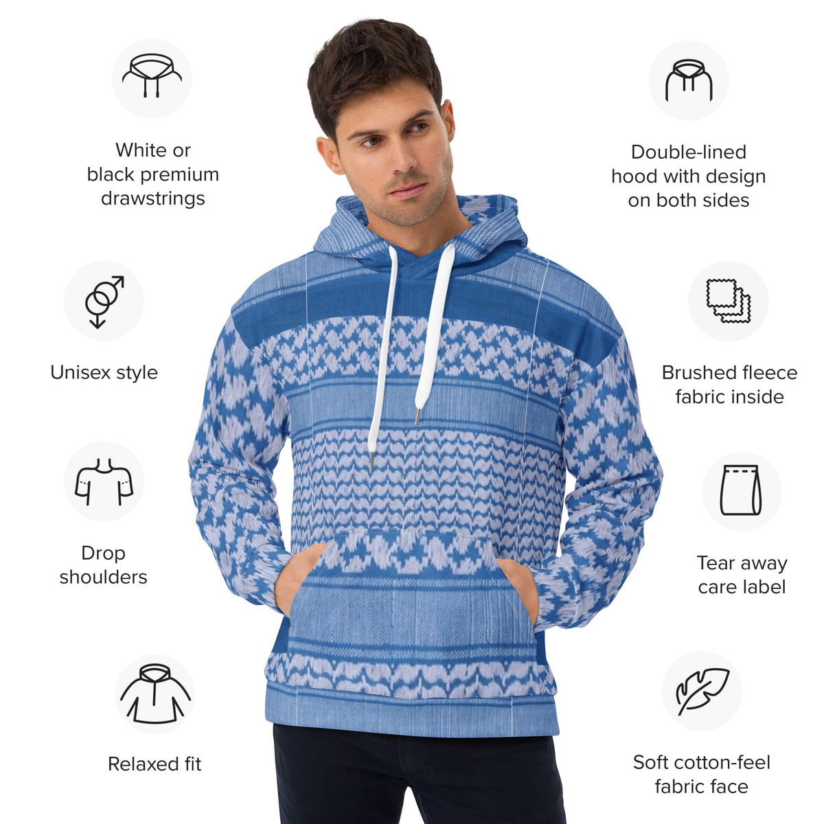 Front Stats Unisex Hoodie - Keffyeh Signature Print - Blue & White Sizes up to 3XL #MzKittyz #NikkiDKatArt