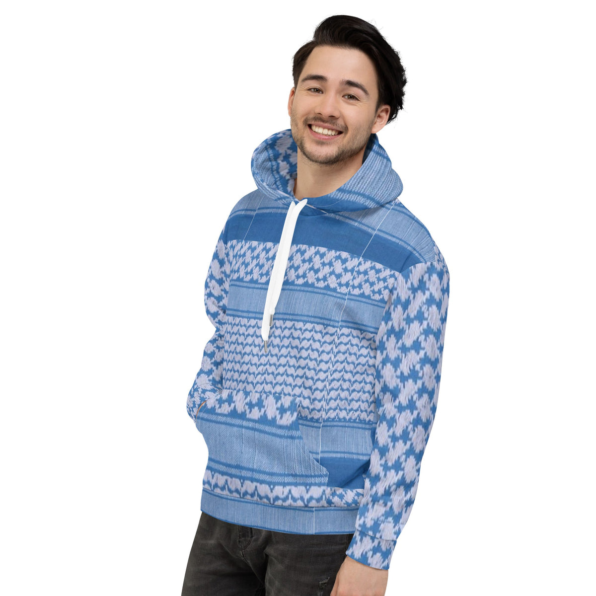 Front  L Side - Unisex Hoodie - Keffyeh Signature Print - Blue & White Sizes up to 3XL #MzKittyz #NikkiDKatArt
