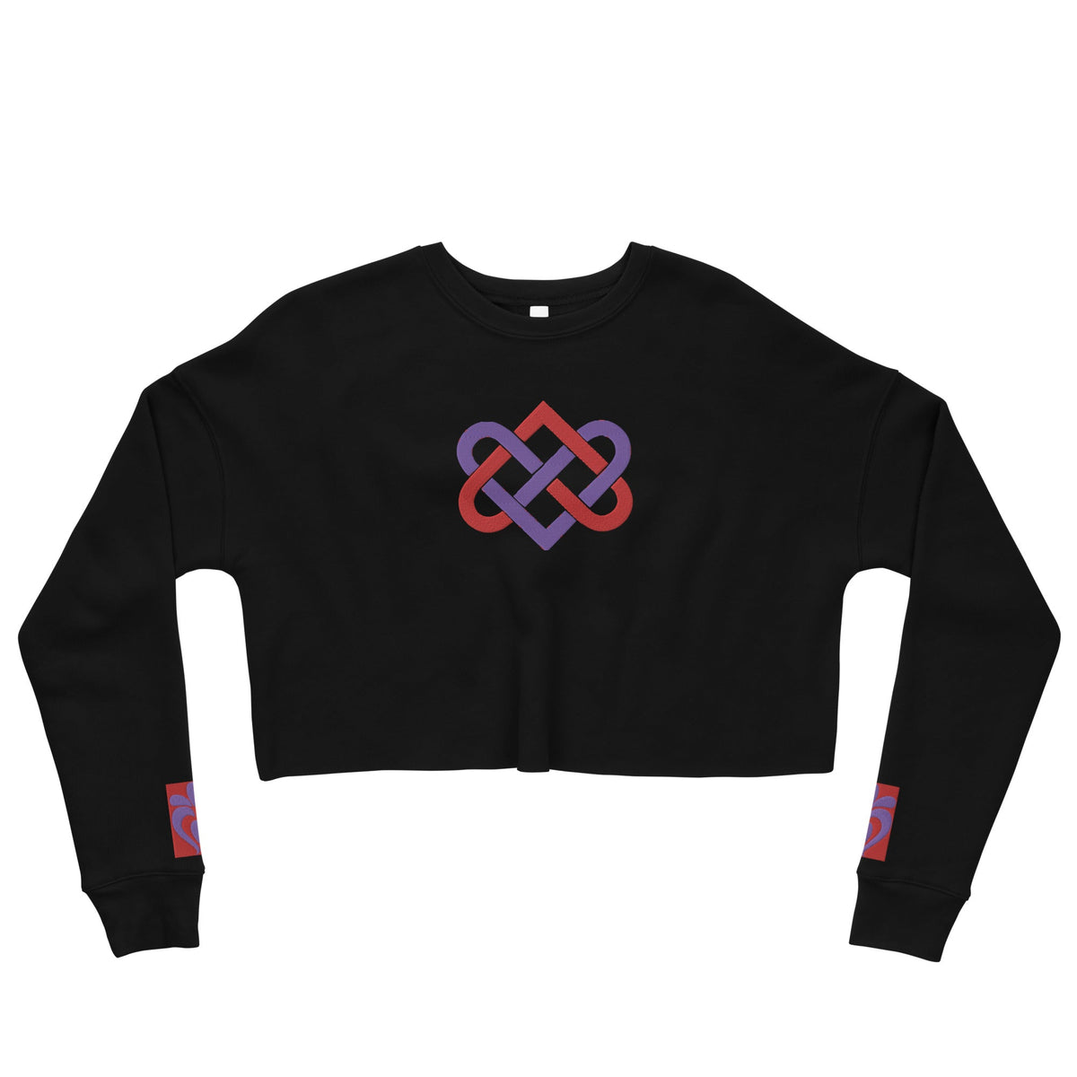 Front Women's Streetwear, Black, Crop Sweatshirt - 'Celtic Tribal Love Hearts Knot' Embroidered Designs - Drop Shoulder #MzKittyz #NikkiDKatArt