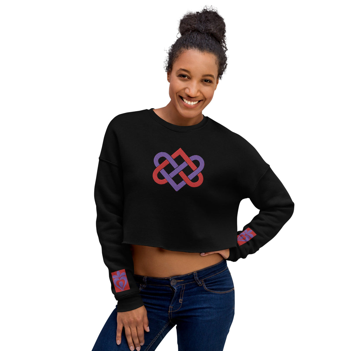 Front Women's Streetwear, Black, Crop Sweatshirt - 'Celtic Tribal Love Hearts Knot' Embroidered Designs - Drop Shoulder #MzKittyz #NikkiDKatArt